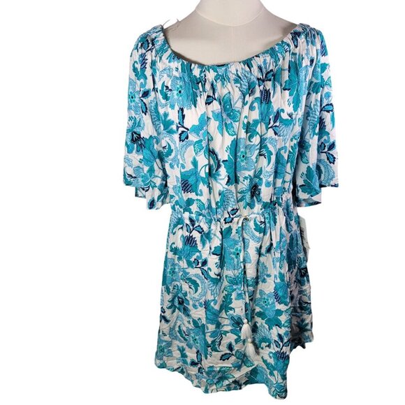 La Blanca Womens Off-Shoulder Floral Tunic Dress XL Rayon/Elastane White & Blue - Picture 1 of 9